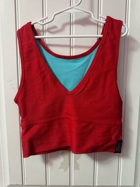 Tiger Friday Red V-Neck Ribbed Reversible Tank- Women dance top